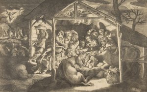 De aanbidding van de herders, verschillende figuren rondom het Christuskind in het cen... door Giulio Bonasone