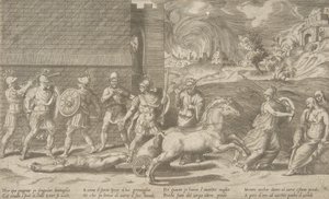 Het gevecht van Hector en Achilles, en Achilles die het lichaam van Hector rond sleept door Giulio Bonasone