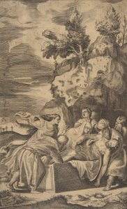 De graflegging van Christus, de kruisen op Calvarie zichtbaar op de achtergrond door Giulio Bonasone