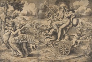 De triomf van Cupido en Psyche die op een wagen zitten getrokken door twee vogels, ca. 1550-67 door Giulio Bonasone