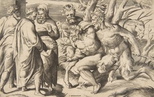 Twee saters brengen Silenus Koning Midas staat links, 1531-76 door Giulio Bonasone