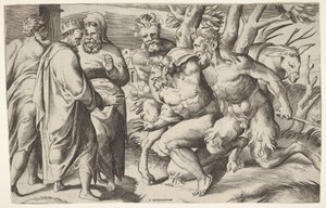 Twee saters leiden Silenus naar koning Midas door Giulio Bonasone