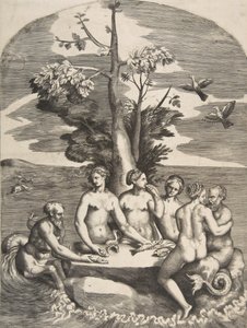 Twee zeegoden vergezeld door vier nimfen, 1531-76 door Giulio Bonasone