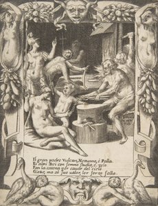 Vulcanus, Neptunus, Athena en andere goden maken boeien om Jupiter uit de hemel te trekken (detail) door Giulio Bonasone