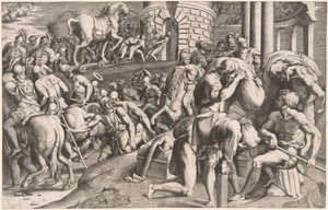 De Trojanen Slepen het Houten Paard Troje Binnen door Giulio Bonasone, after Francesco Primaticcio