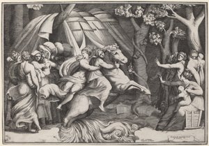 Clelia steekt de Tiber over door Giulio Bonasone after Polidoro da Caravaggio