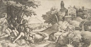 Links vier herders met muziekinstrumenten zittend onder een groep bomen door Giulio Campagnola