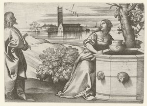 Christus in gesprek met Samaritaanse vrouw bij bron door Giulio Campagnola