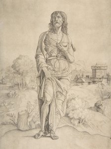 Sint Johannes de Doper staand in Landschap, Figuren en Gebouwen op de Achtergrond