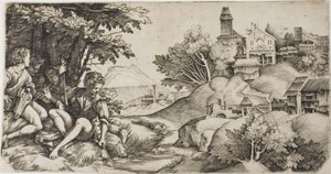 Herders in een landschap door Giulio Campagnola