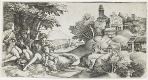 Herders in een landschap door Giulio Campagnola
