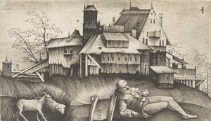 De oude herder liggend in een landschap, gebouwen op de achtergrond, een geit en een schaap