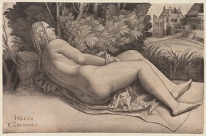 Venus liggend in een landschap, ca. 1508-09 door Giulio Campagnola