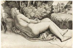 Vrouw liggend in een landschap door Giulio Campagnola