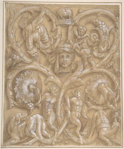 Ontwerp voor een decoratief paneel met rinceaux, saters, putti, monsters en een menselijk hoofd, 1535-45