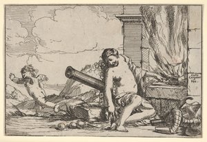 Vuur, voorgesteld door Venus zittend voor de smidse van Vulcanus, met harnas, een kanon