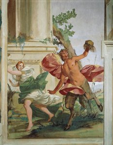 Nimf Corsica achtervolgd door Satyr die haar pruik aftrekt door Giulio Carpioni door Giulio Carpioni