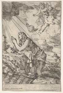 Boetvaardige Magdalena knielend op een rotsachtige grond voor een schedel en botten, een zalfpot, ca. 1640-55 door Giulio Carpioni
