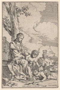 De Heilige Familie met de jonge Sint Jan die de voeten van Christus kust door Giulio Carpioni