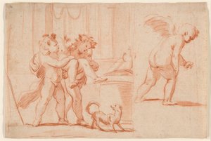Twee putti dragen een derde putto; een andere putto van achteren door Giulio Carpioni