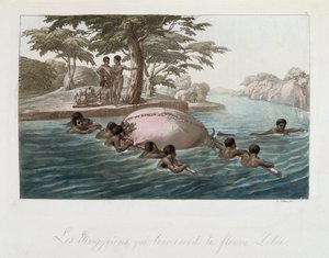 Inwoners van Zanzibar steken de rivier Lebee over - in "Het oude en moderne kostuum" door Ferrario, uitgegeven in Milaan door Giulio Ferrario