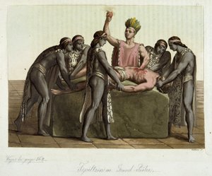 Topiltzin (hogepriester van oude Mexicaanse beschavingen) voert een mensenoffer uit - in "Het Oude en Moderne Kostuum" door Jules Ferrario door Giulio Ferrario