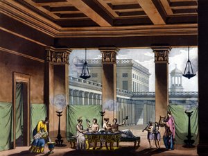 Triclinium verlichte olielampen in het oude Griekenland: banketscène - in Het oude en moderne kostuum door Jules Ferrario, ed. Milaan