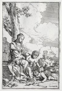 Heilige Familie met de jonge St. Johannes door Giulio I Carpioni