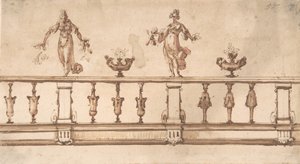 Ontwerp voor een balustrade met vrouwelijke figuren en urnen, 16e-17e eeuw
