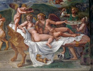 Cupido en Psyche met hun dochter Voluptas (Pleasure) liggend op bed, detail van Bruiloftsfeest of Banket van goden, fresco door Giulio Romano (1499-1546), Palazzo Te, Mantua (UNESCO Werelderfgoedlijst, 2008), Lombardije, Italië door Giulio Romano