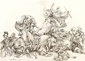 Diomedes, gewond door Pandarus, wordt getroost door Pallas Athene door Giulio Romano