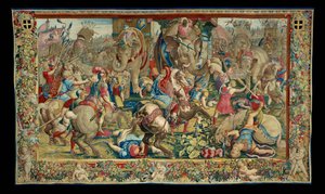 Het verhaal van Scipio: De slag bij Zama de nederlaag van Hanibal, tiende stuk van het wandtapijt, wol en zijde, wandtapijt ... door Giulio Romano