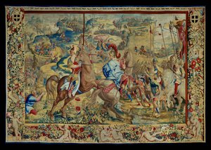 Het verhaal van Scipio: De slag op het plateau, vierde stuk van het wandtapijt, wol en zijde, wandtapijt ... door Giulio Romano