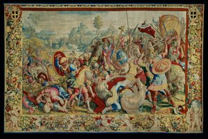 Het verhaal van Scipio: De slag bij Ticino, eerste stuk van het wandtapijt, wol en zijde, wandtapijt ... door Giulio Romano