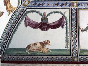 De Camera con Fregio di Amorini detail van een hond en een puppy (detail) door Giulio Romano