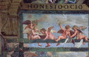 Het rustieke banket, detail van putti die muziek maken, uit de Sala di Amore e Psiche (detail) door Giulio Romano