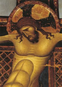 Close-up van een muurschildering van Jezus Christus, St. Dominic Kerk, Giunta Pisano, Bologna, Emilia Romagna, Italië
