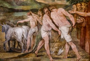 Romulus ploegt de grenslijn rond de toekomstige stad Rome (detail)
