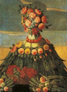 Italië, Florence, De Lente, mand met kersen en bloemen door Giuseppe (follower of) Arcimboldo