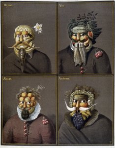 De vier seizoenen: mannen met groentehoofden in de stijl van Giuseppe Arcimboldo