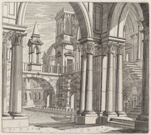 Architectonische fantasie met gebouwen, trappen en portalen naast een kanaal door Giuseppe Antonio Landi