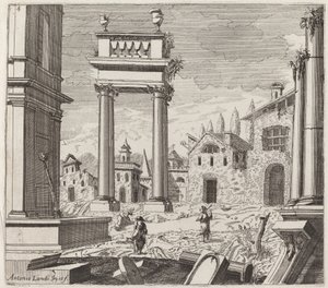 Architectonische Fantasie met Klassieke Ruïnes en Volksgebouwen door Giuseppe Antonio Landi