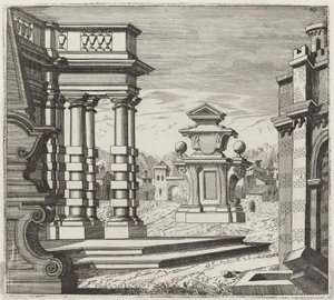 Architectonische fantasie met poorten en monumenten door Giuseppe Antonio Landi