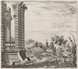 Fantastisch Rivierlandschap met Ruïnes en een Kasteel door Giuseppe Antonio Landi