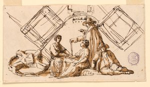 Deel van een blad van een tekenboek: figuren en architecturale plannen