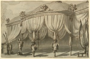 Toneelontwerp, een paviljoen met oorlogstrofeeën