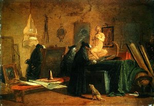 Kenners in carnavalskostuum in een interieur met schilderijen en objecten van kunst en wetenschap