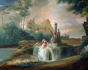 Galante scène van herders in een denkbeeldig landschap door Giuseppe Bernardino Bison