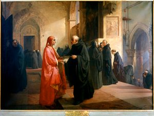 Dante Alighieri overhandigt broeder Ilario een notitieboekje met een deel van de Goddelijke Komedie