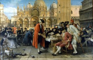 De schilder Francesco Guardi verkoopt zijn schilderijen voor het Florian café. 1892. Galleria d